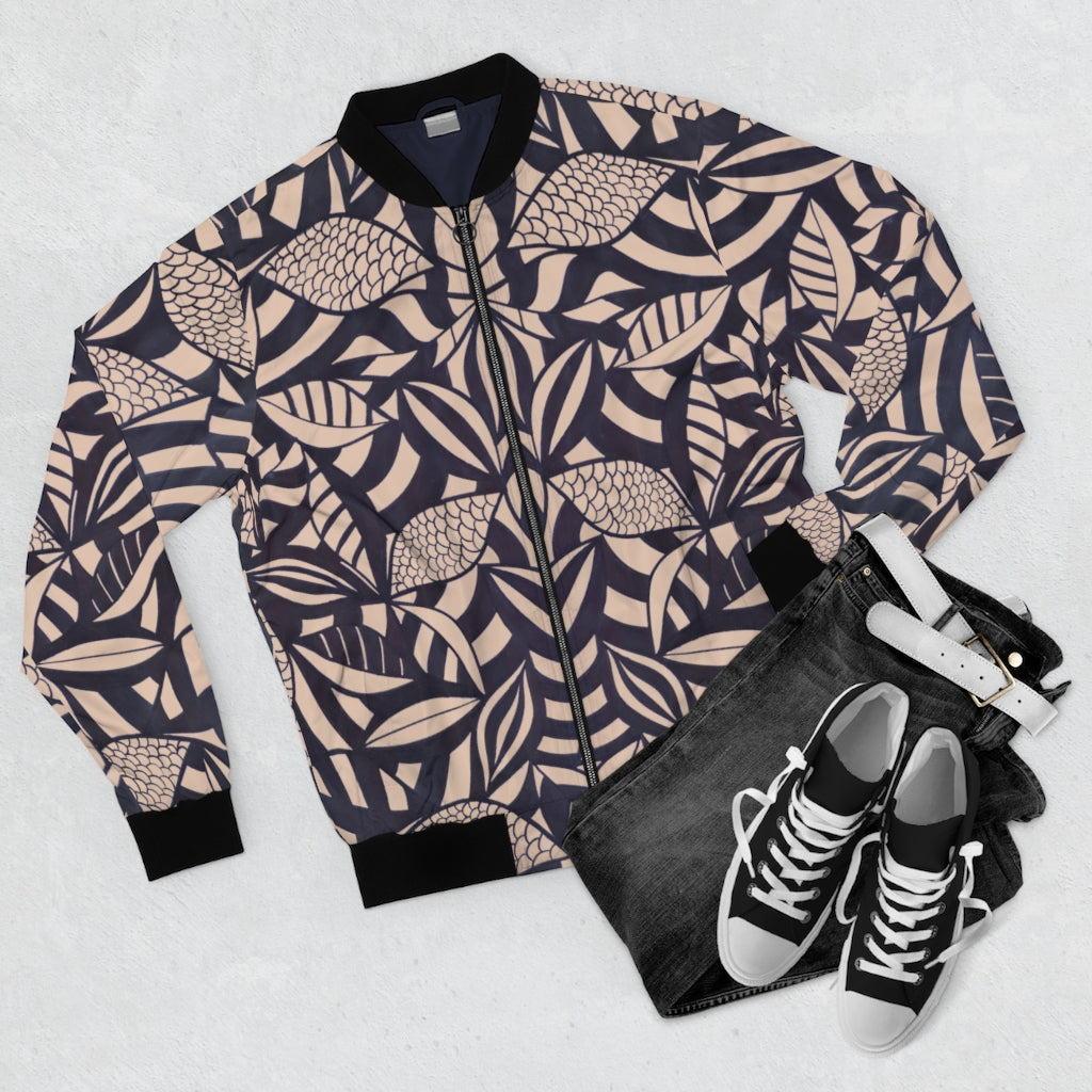 nude tropical leaves print men's bomber jacket