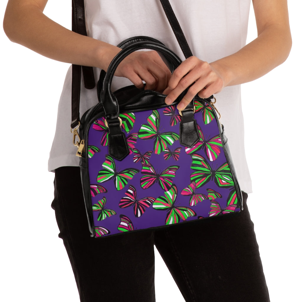 purple butterfly print handbag