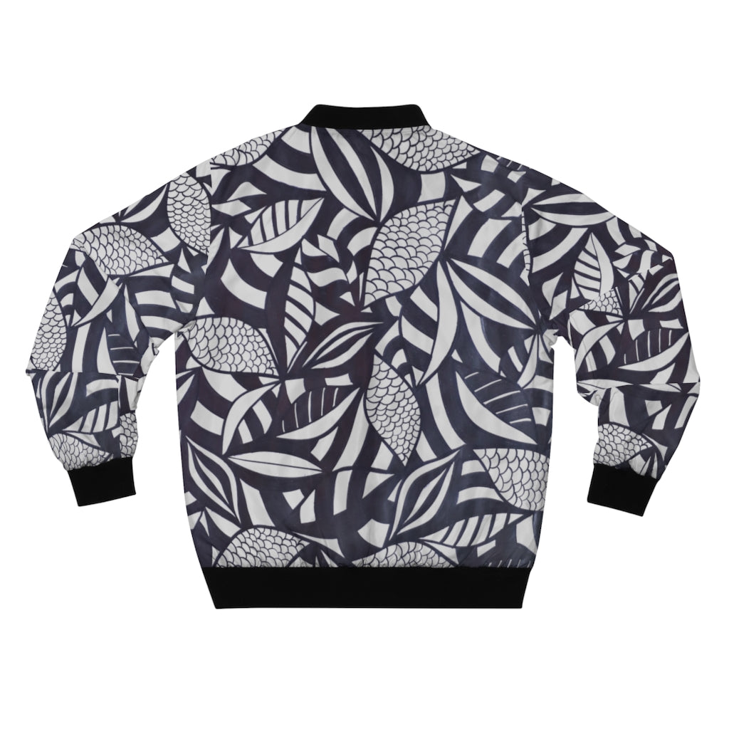slate grey tropical leaves print men's bomber jacket