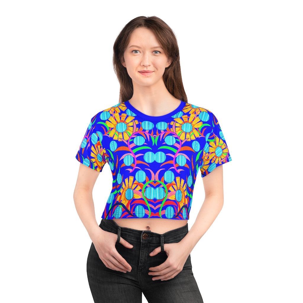 Electric Blue Sunflower AOP Crop Tee