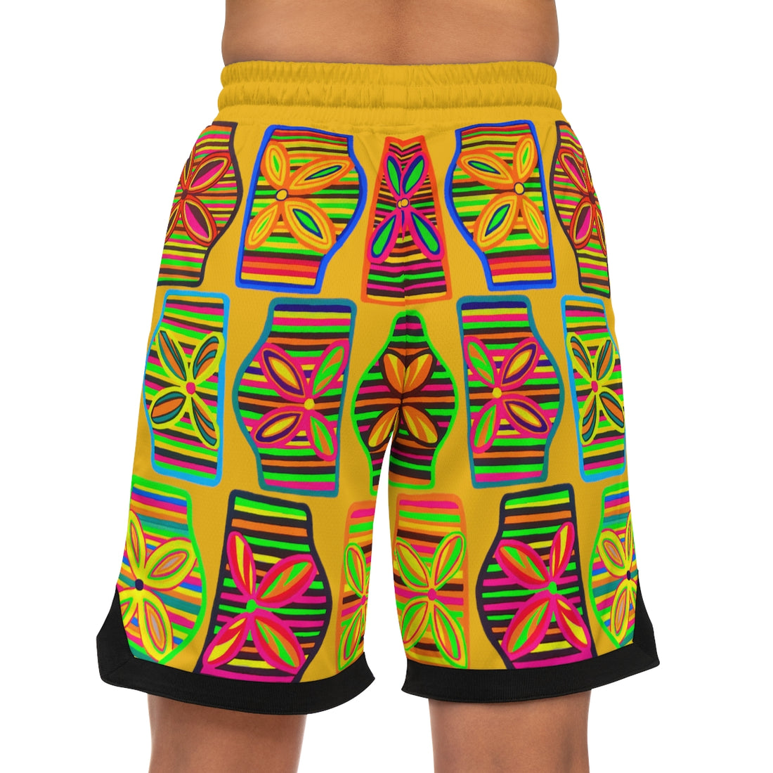 Yellow Deco Print Basketball Rib Shorts (AOP)