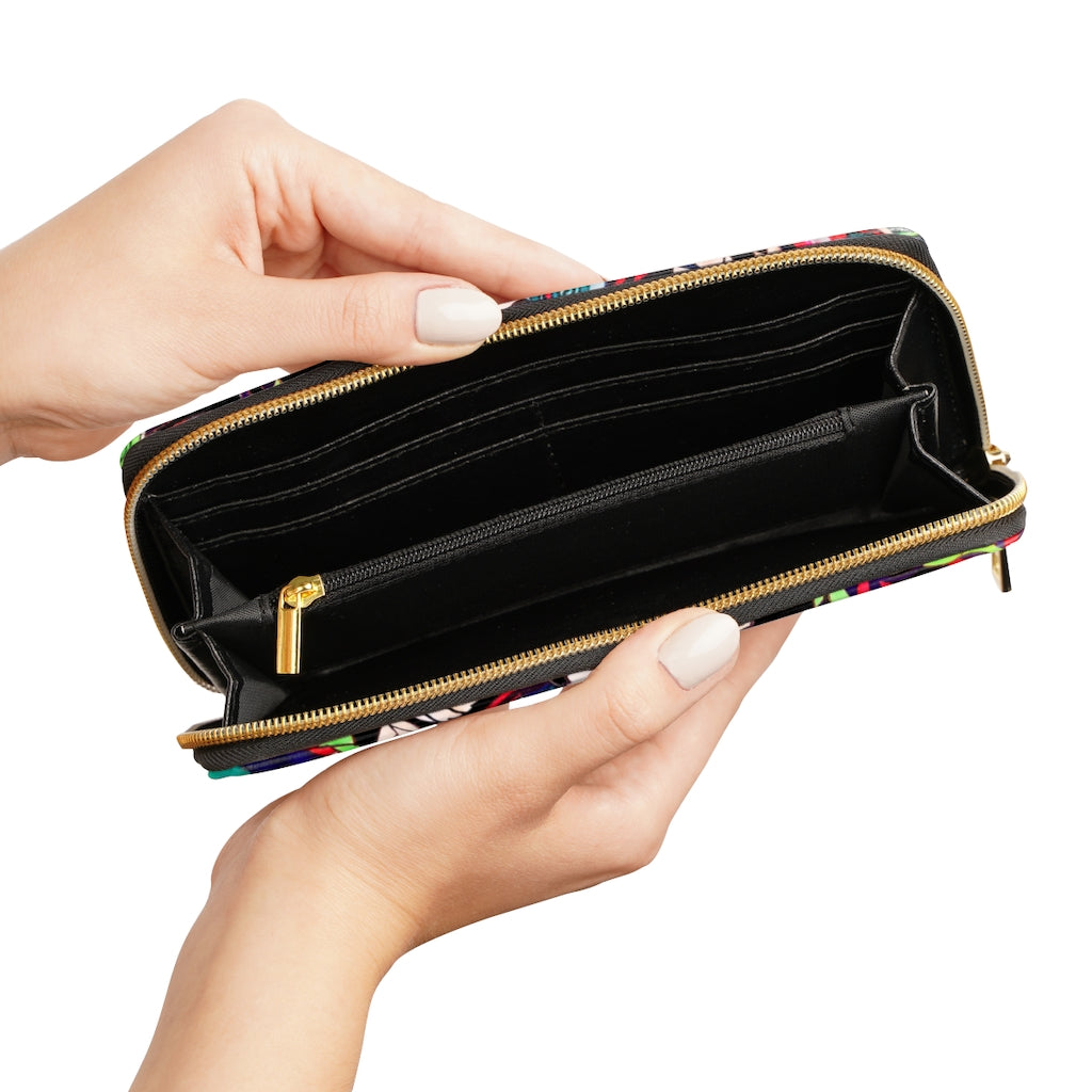 black graphic floral pop wallet