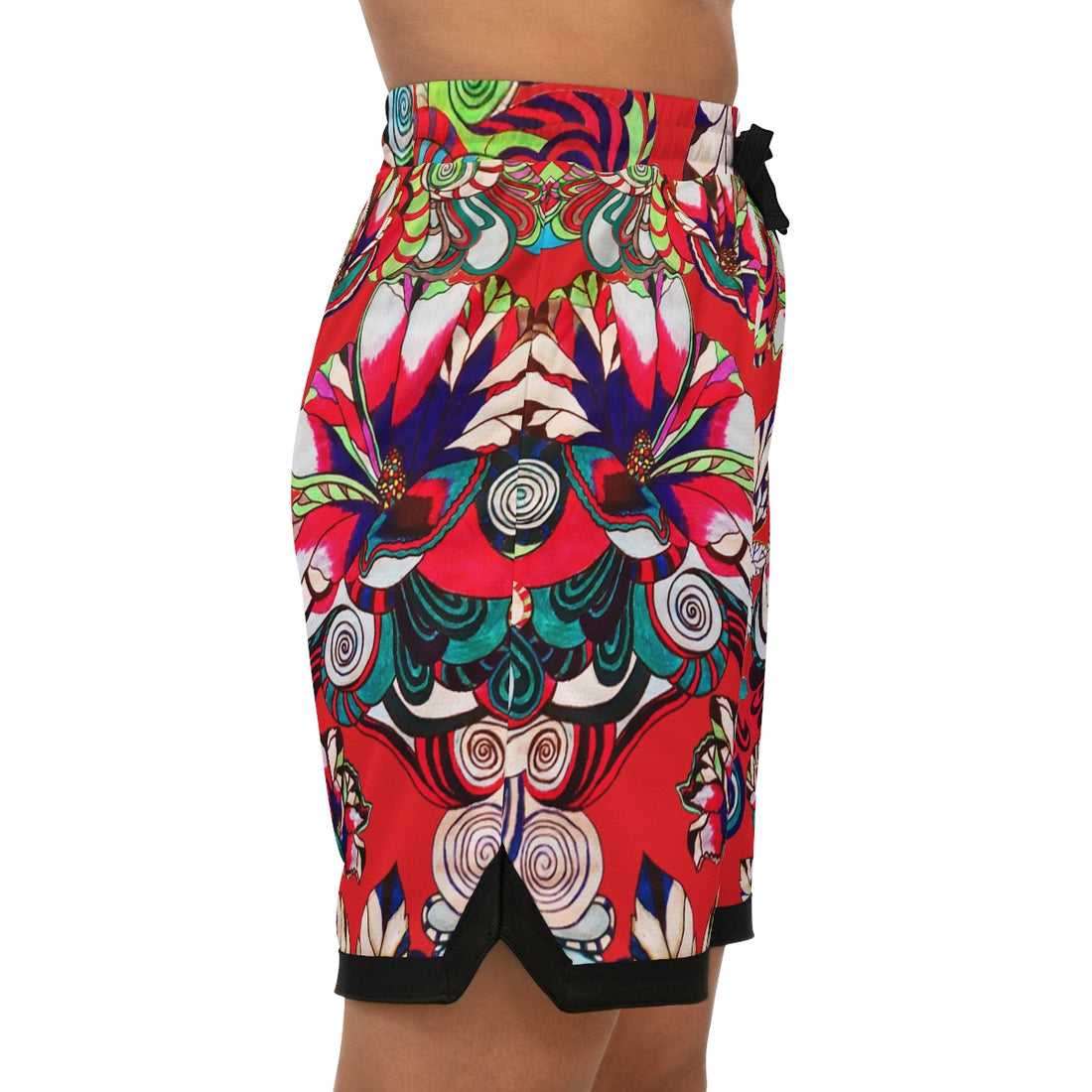 Red Graphic Floral Basketball Rib Shorts (AOP)