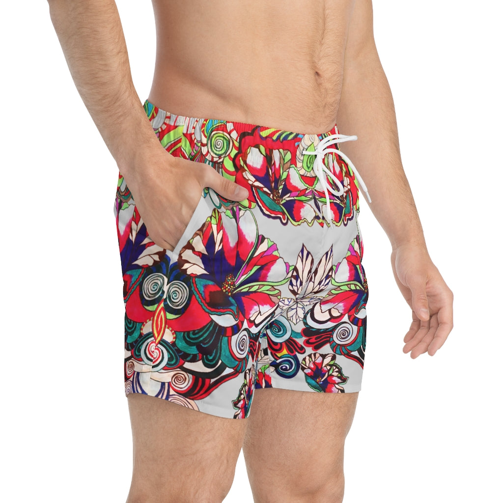 slate grey Graphic floral print men's swimming trunks by labelrara