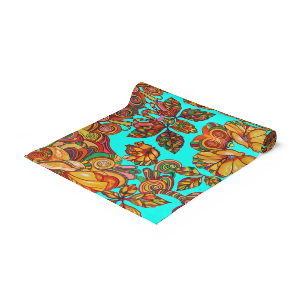 Artsy Floral Cyan Table Runner