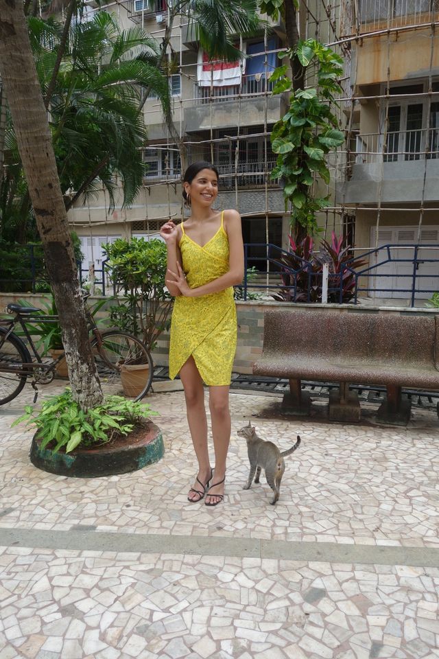 Canary yellow surplice dress with bottle green floral screen print