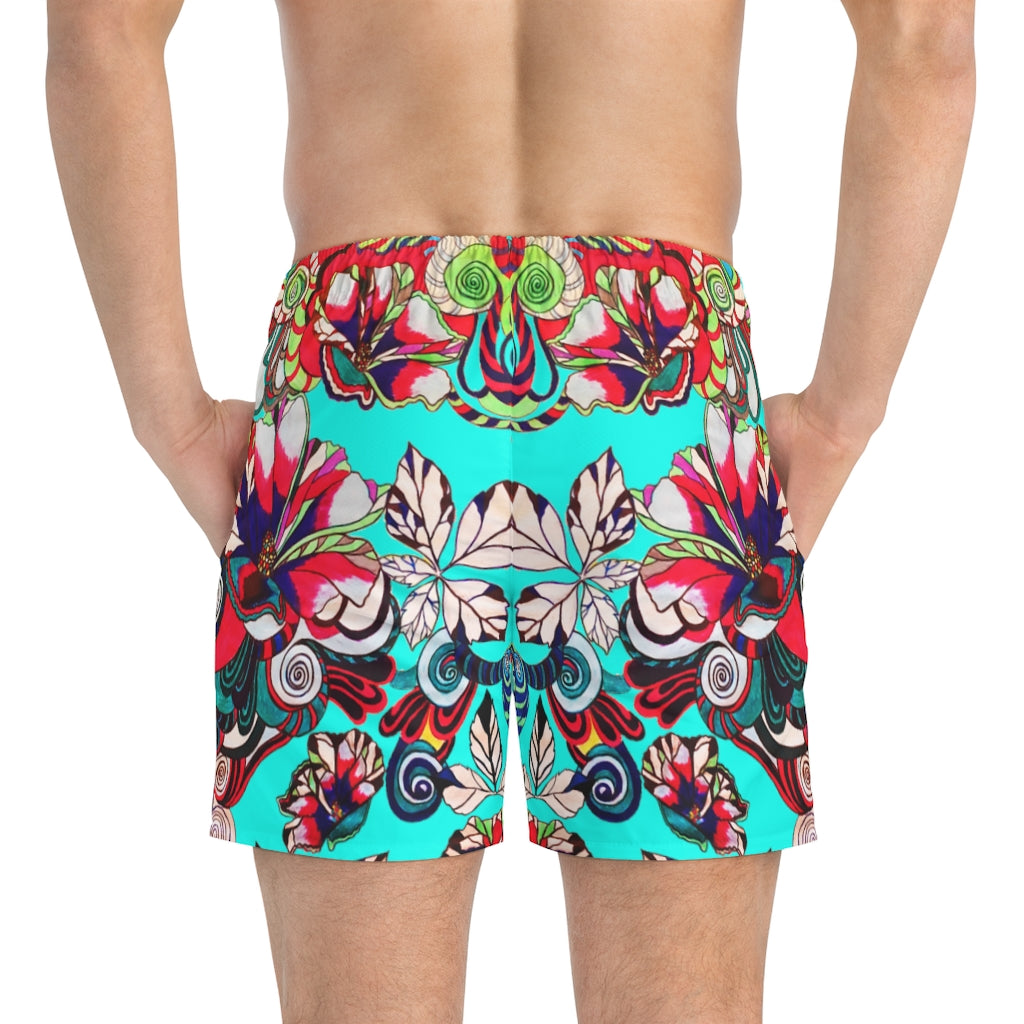 Cyan Graphic Floral Pop Men's Swimming Trunks