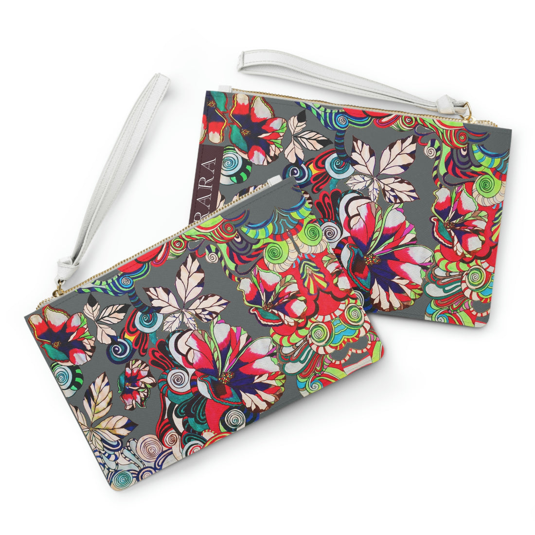 ash grey graphic floral clutch