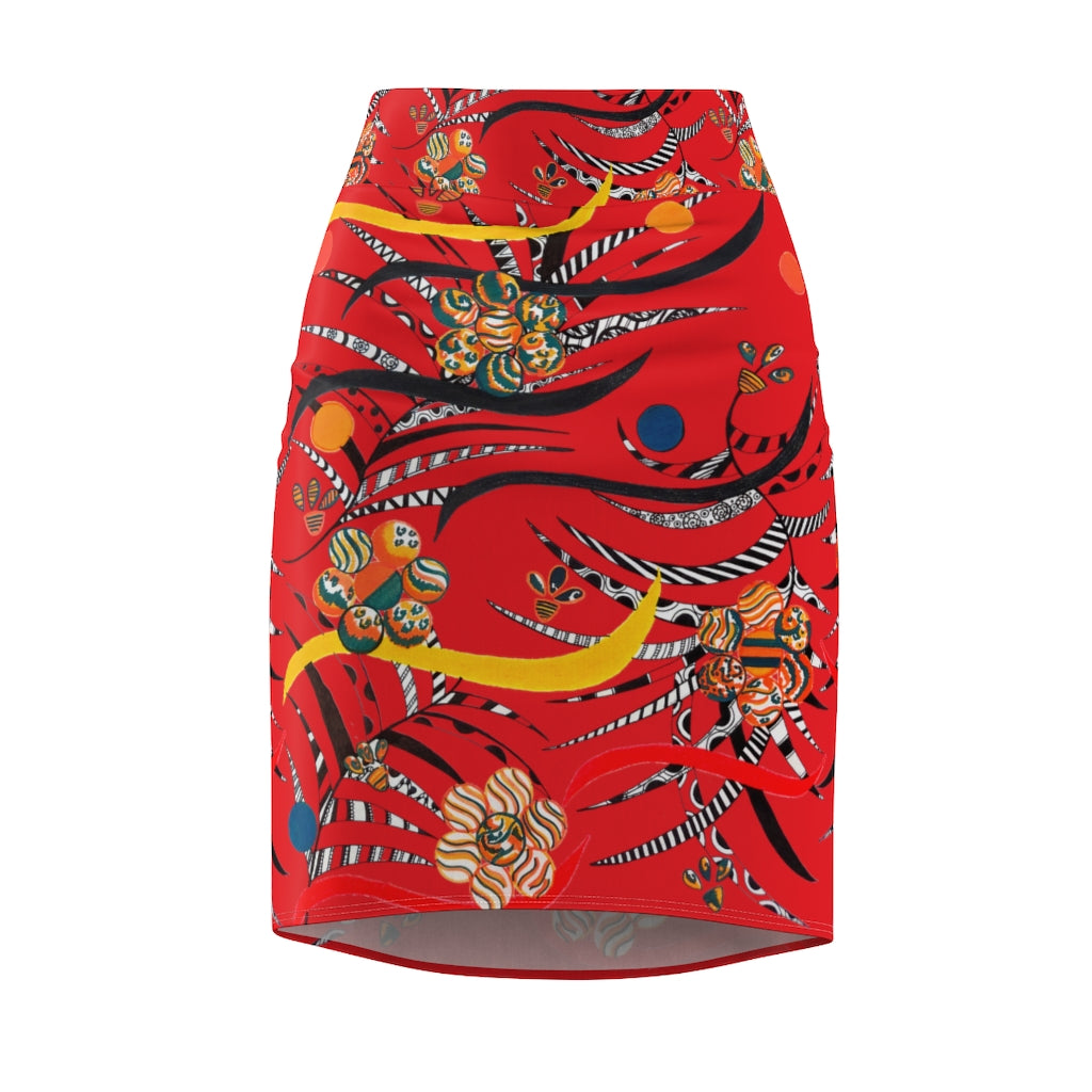 red floral & animal print pencil skirt