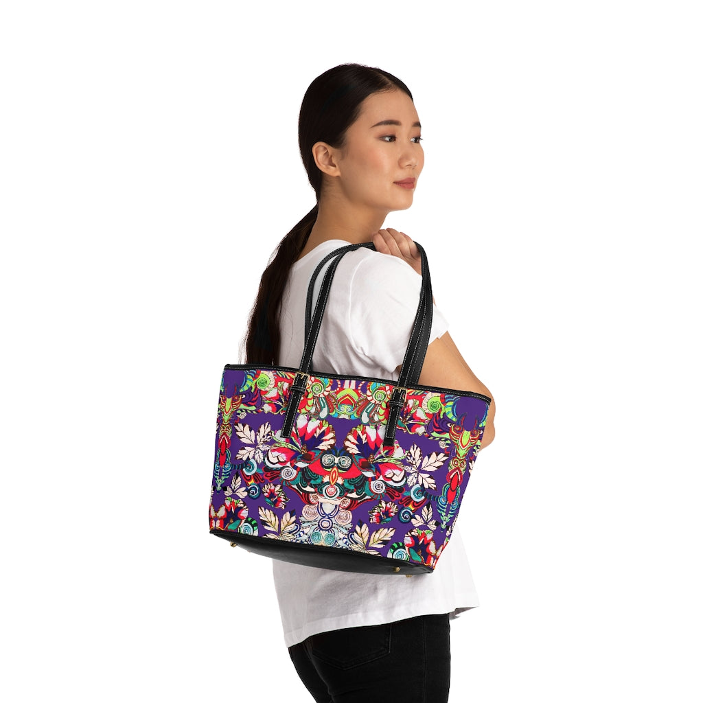 purple graphic floral tote bag