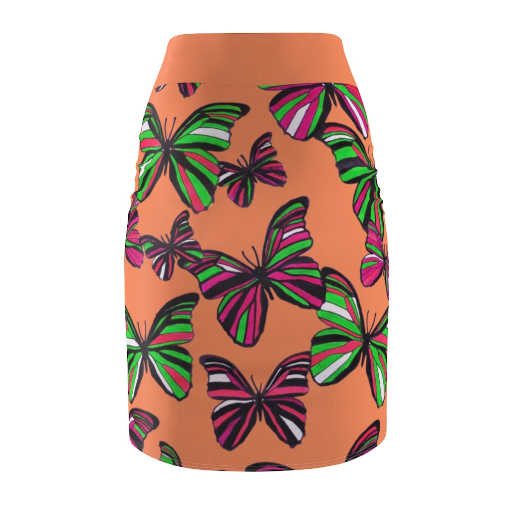 Peachy Coral Butterflies Pencil Skirt