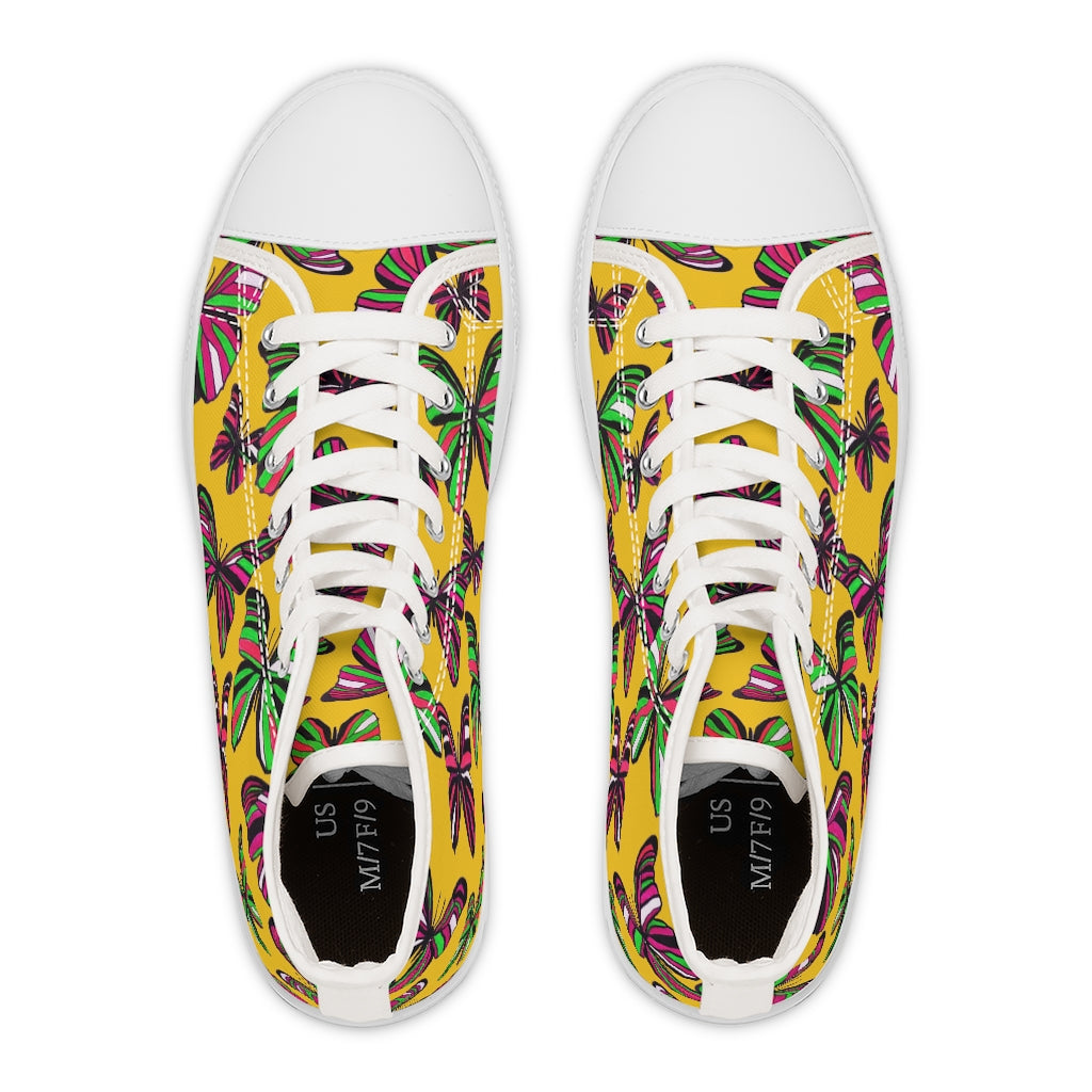yellow butterfly print canvas women's high top sneakers 