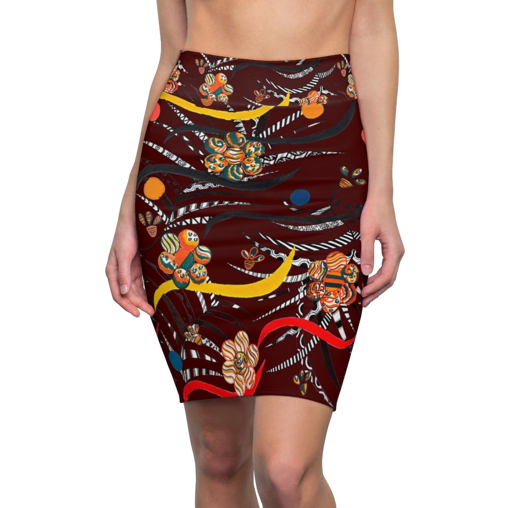 marsala animal & floral print pencil skirt 