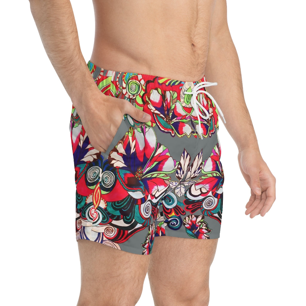 ash grey Graphic floral print men's swimming trunks by labelrara