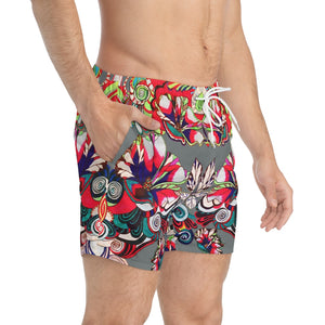 ash grey Graphic floral print men's swimming trunks by labelrara
