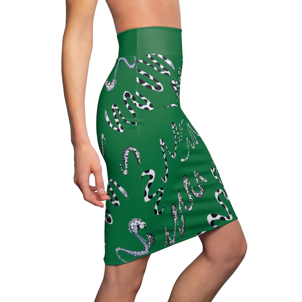 Emerald Green Snake Den Print Pencil Skirt