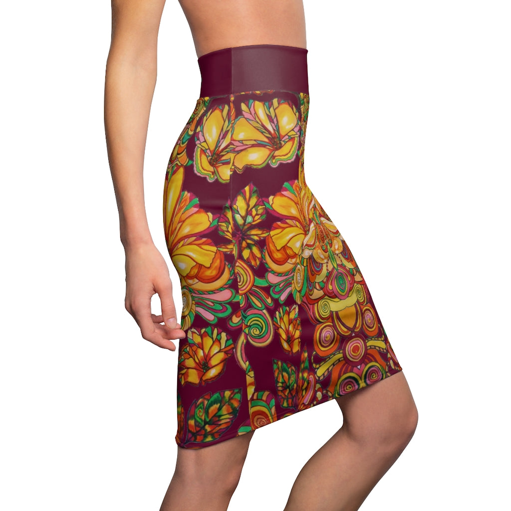 Artsy Floral Marsala Pencil Skirt