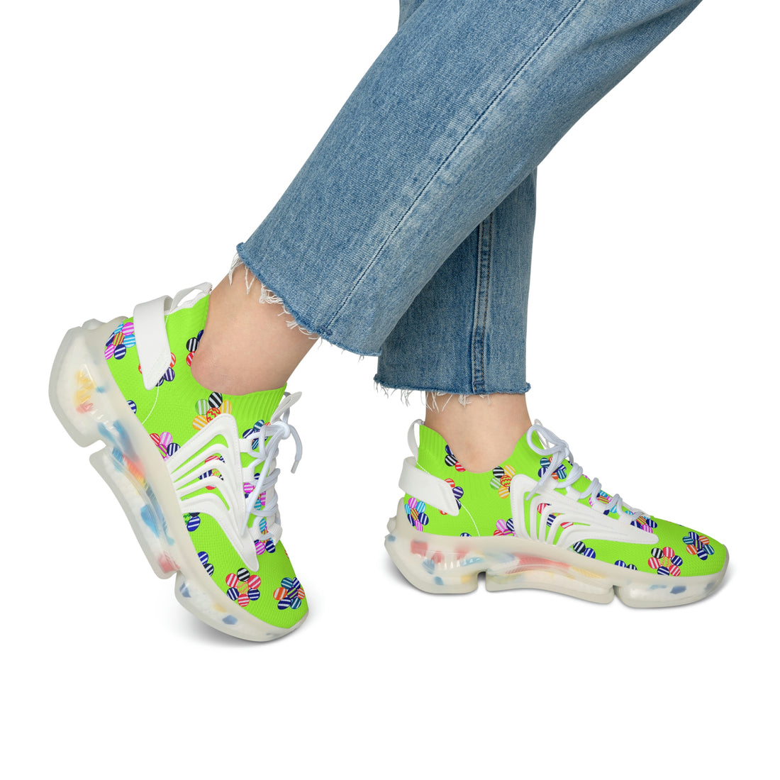 Lime Green Candy Floral Printed OTT Women's Mesh Knit Sneakers