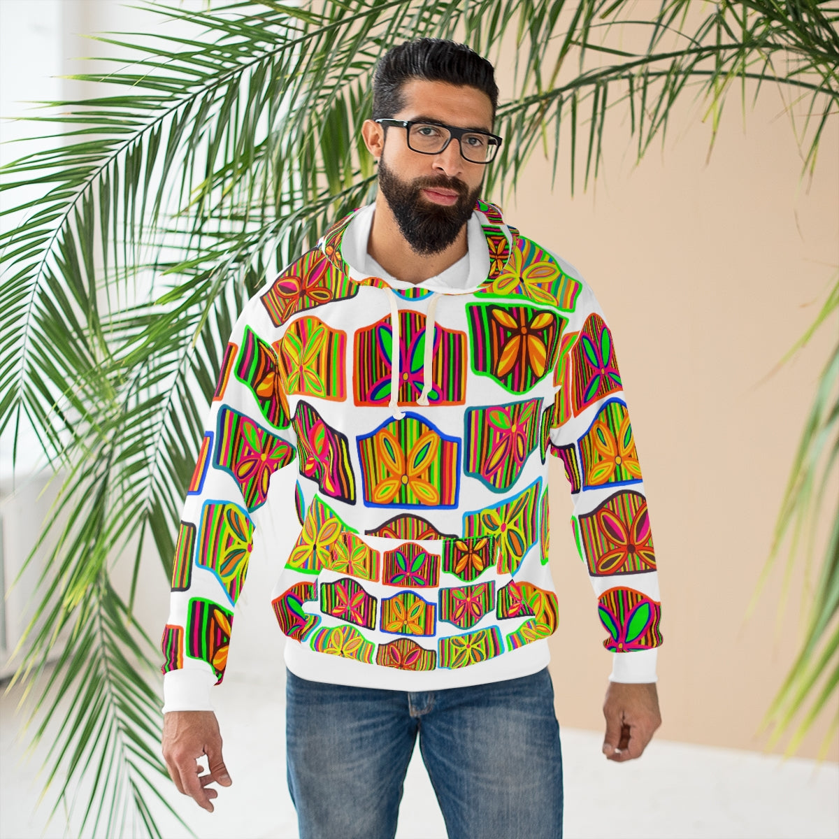 White Deco Print Pullover Hoodie