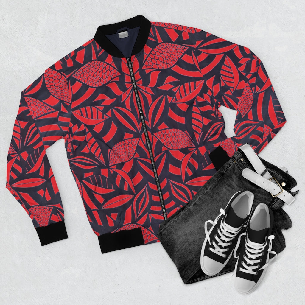 red tropical leaves print men's bomber jacket