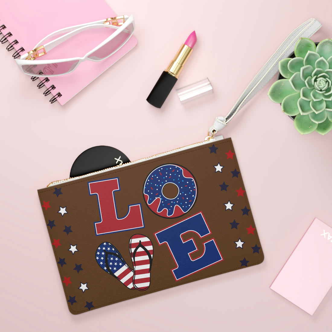 brown love typography clutch bag