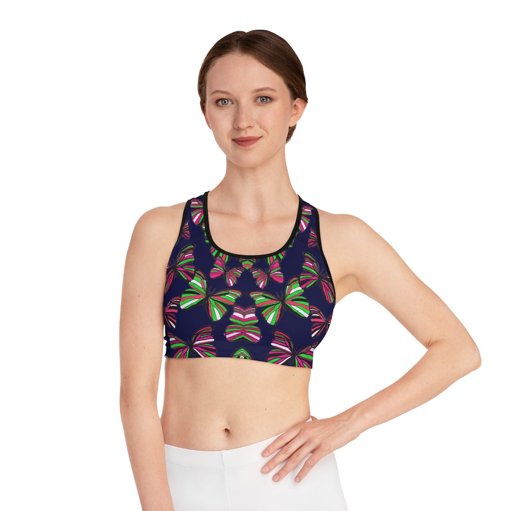 navy butterfly print sports bra