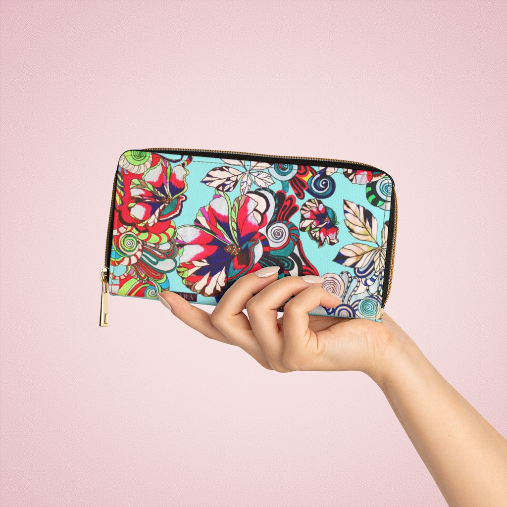 icy blue graphic floral pop wallet