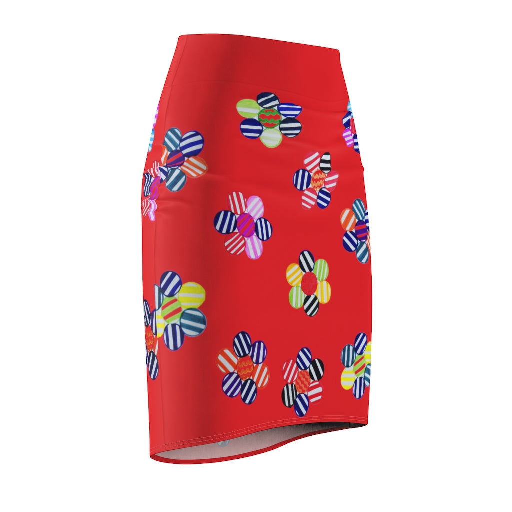 red striped floral print pencil skirt