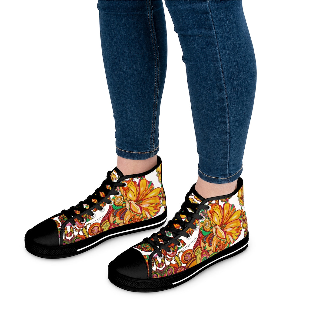 White Artsy Floral Women's High Top Sneakers