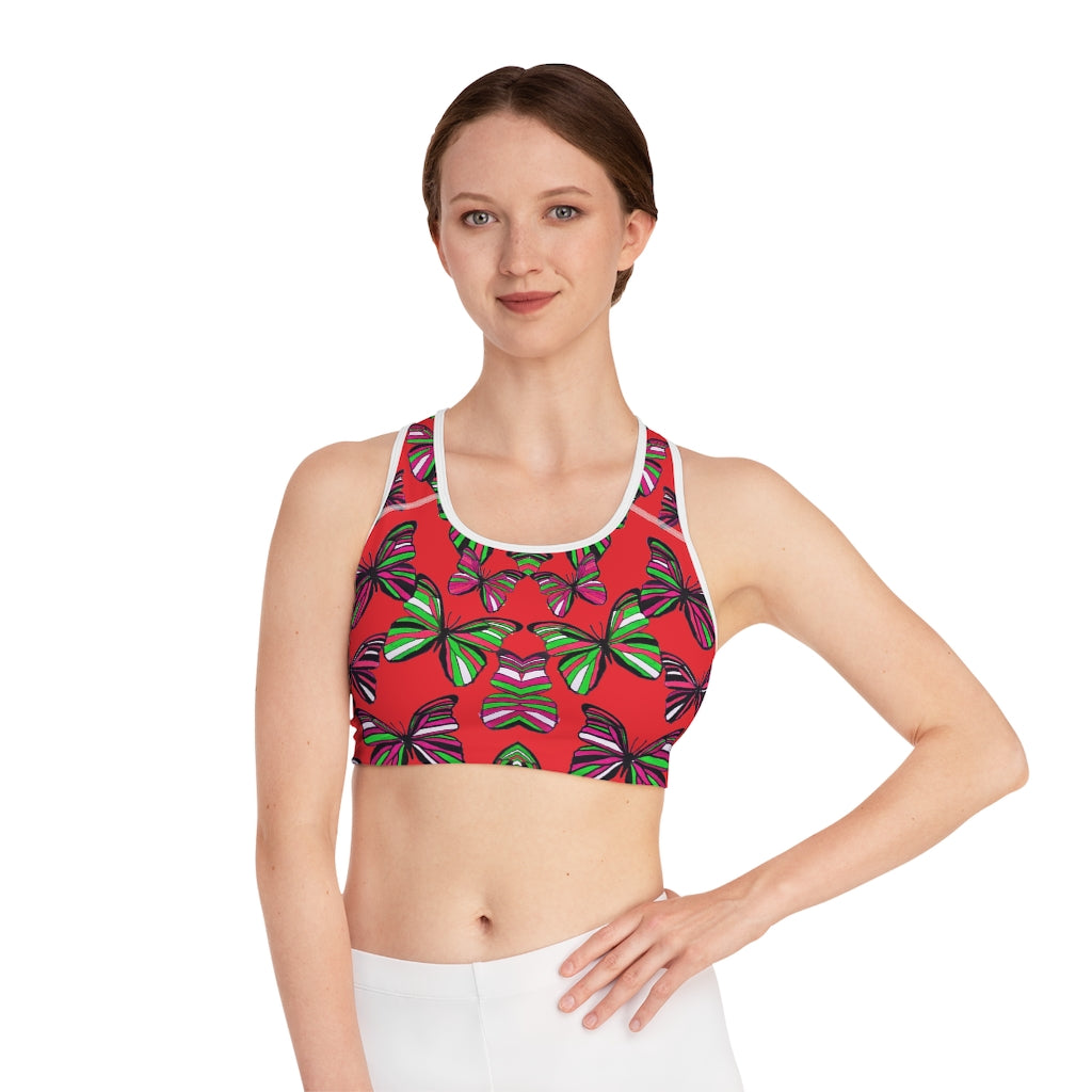 red butterfly print sports bra