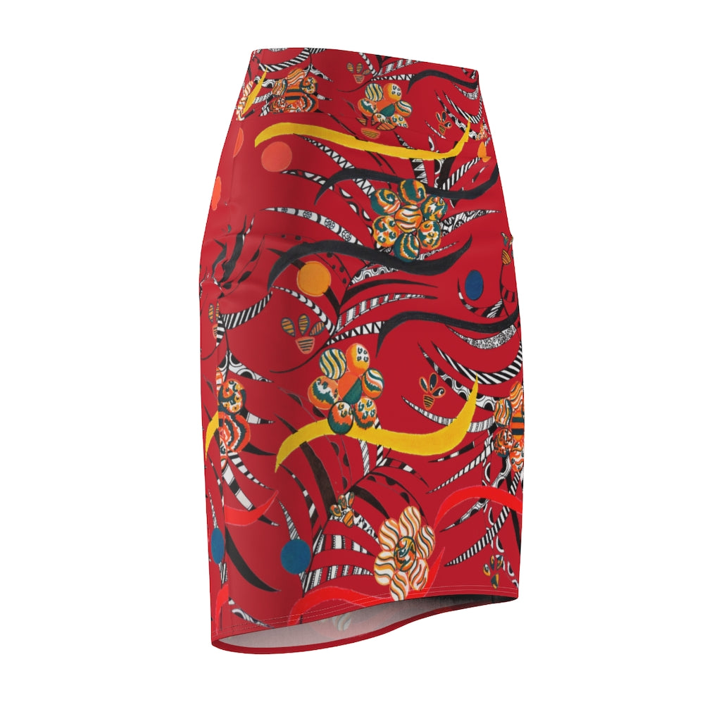 deep red floral & animal print pencil skirt