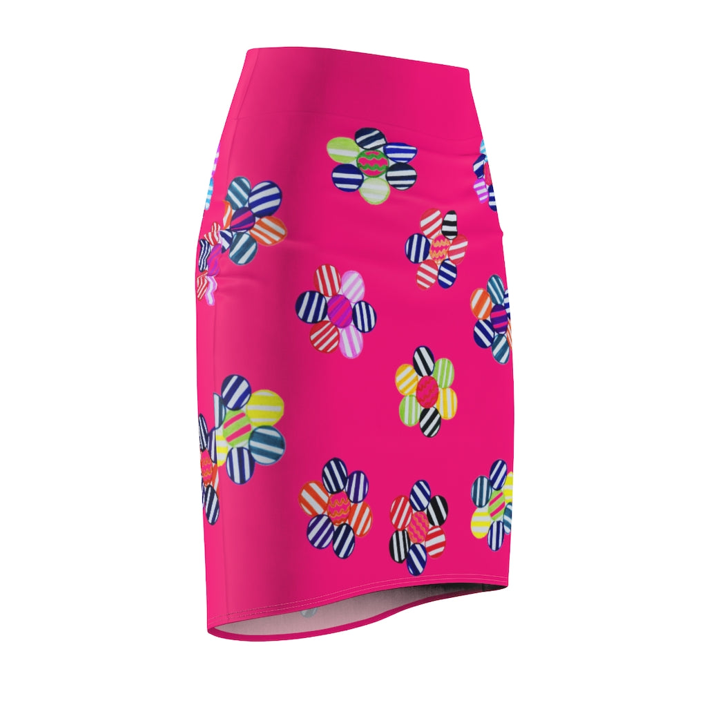 hot pink striped floral print pencil skirt