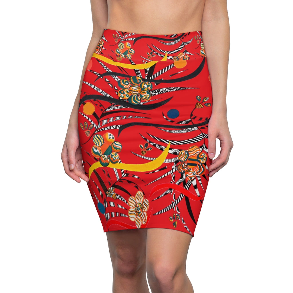 Red Wilderness Print Pencil Skirt