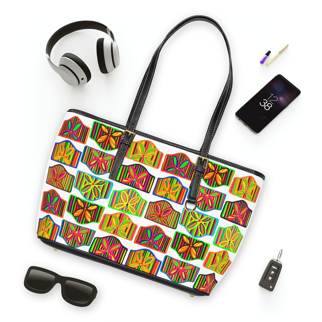 white pu leather zipper tote with multi colour art dco print