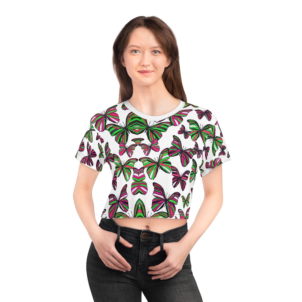 white butterfly print crop t-shirt