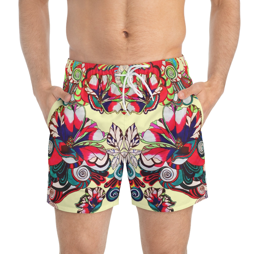 cream Graphic floral print men's swimming trunks by labelrara