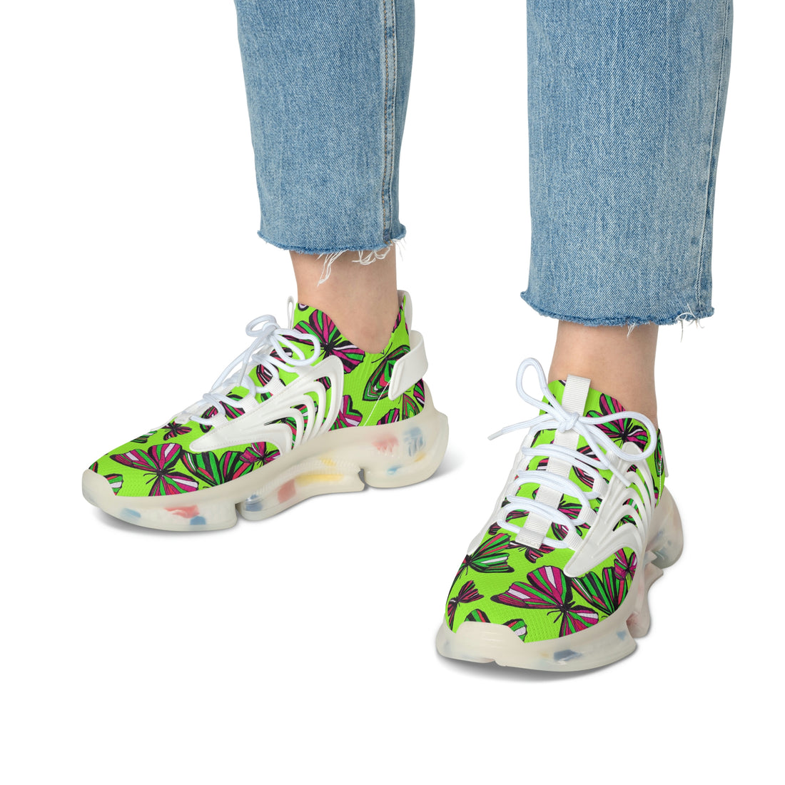 Lime Green Butterfly Printed OTT Women's Mesh Knit Sneakers