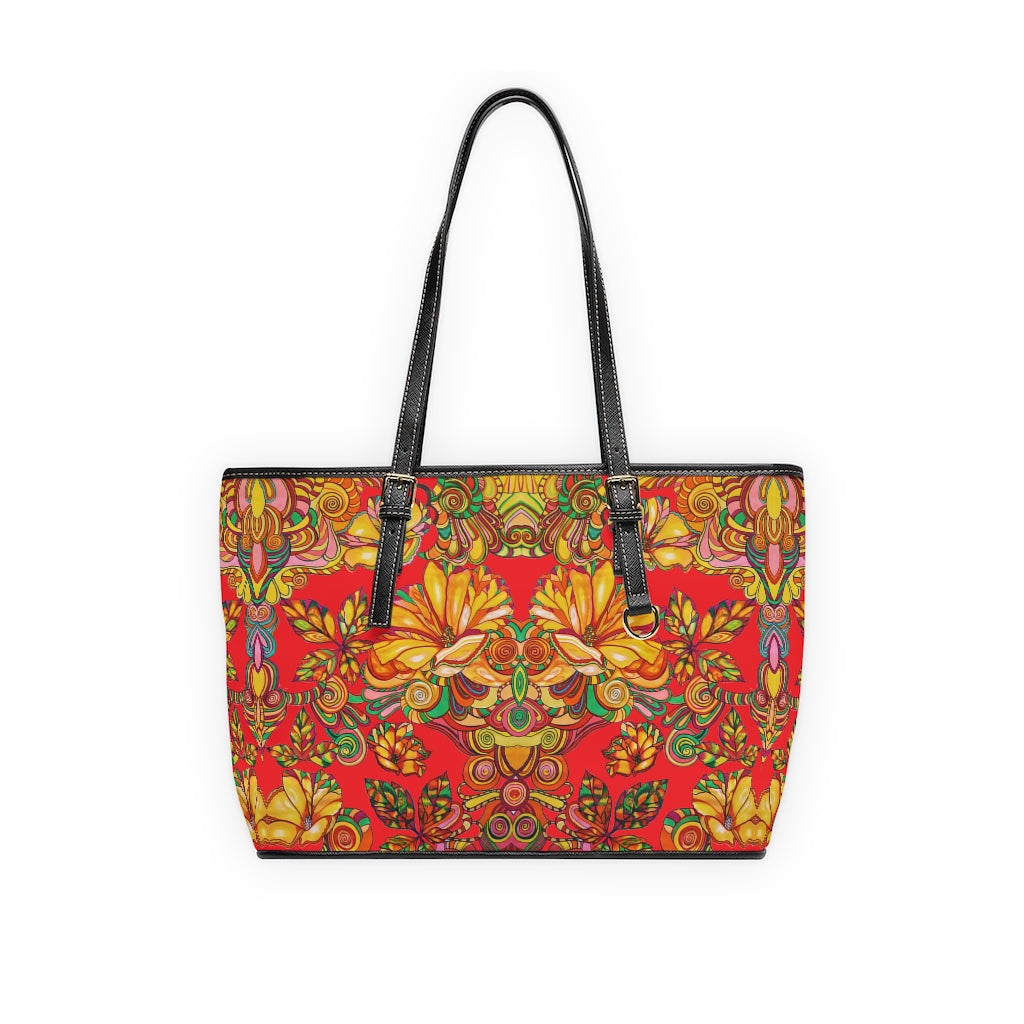 red floral print tote bag