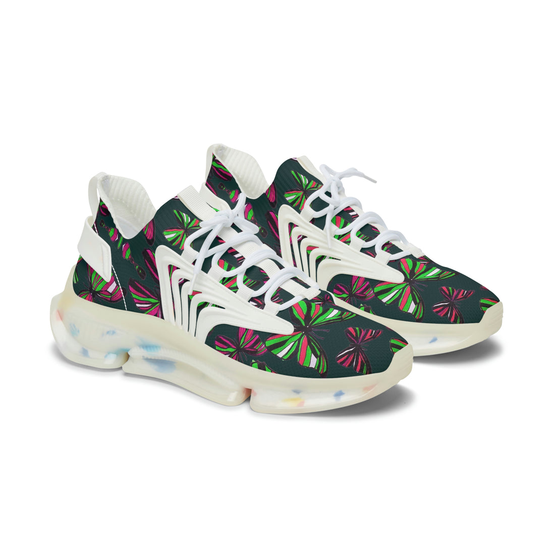 bottle green butterfly print women's mesh knit sneakers