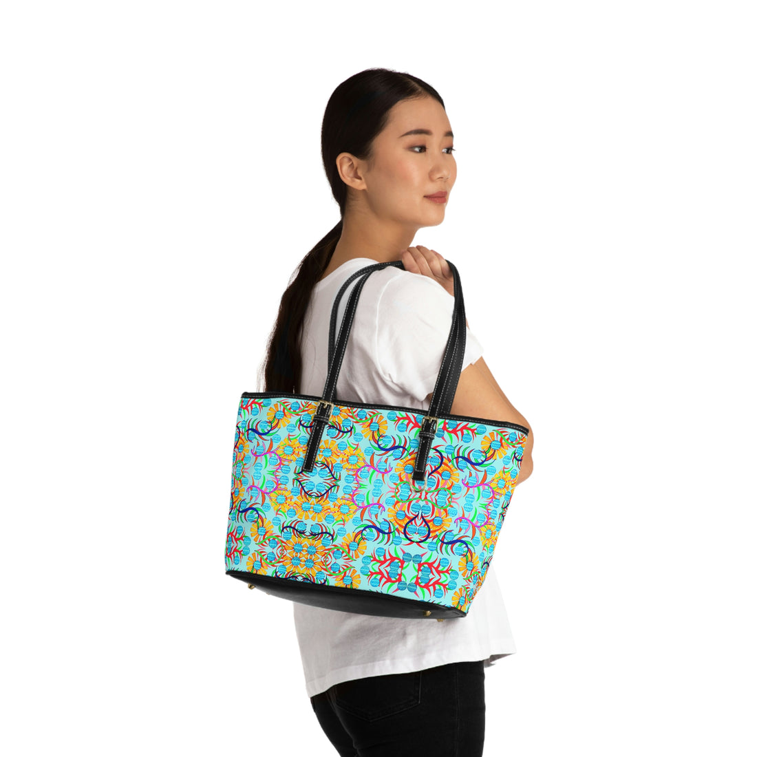 Icy Blue pu leather sunflower print oversize tote bag