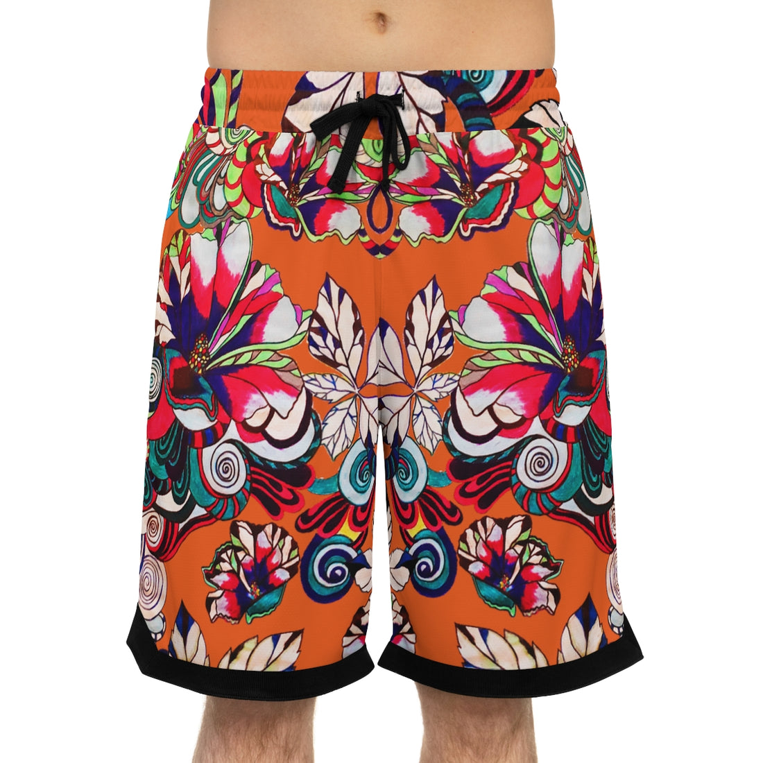 orange floral print basketball shorts for men