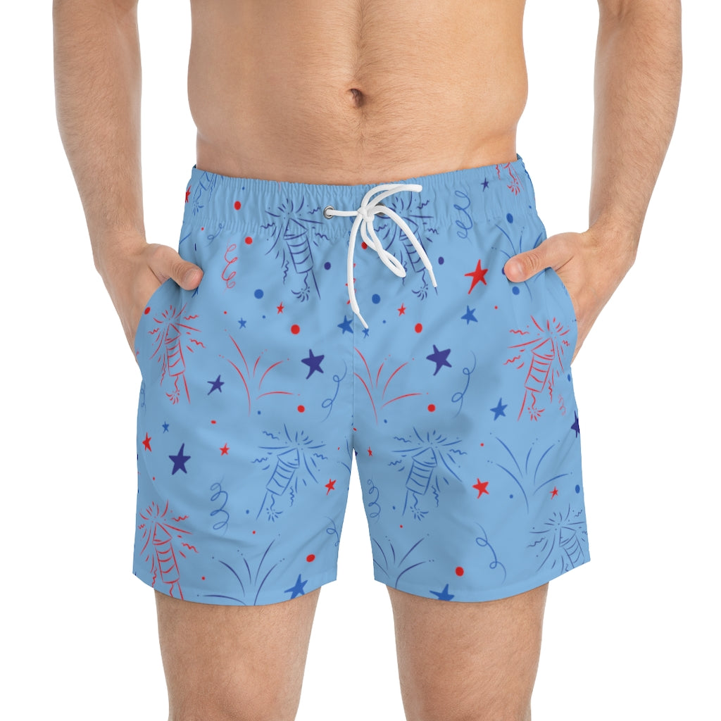 sky 4th of July firecracker print men's swimming trunks