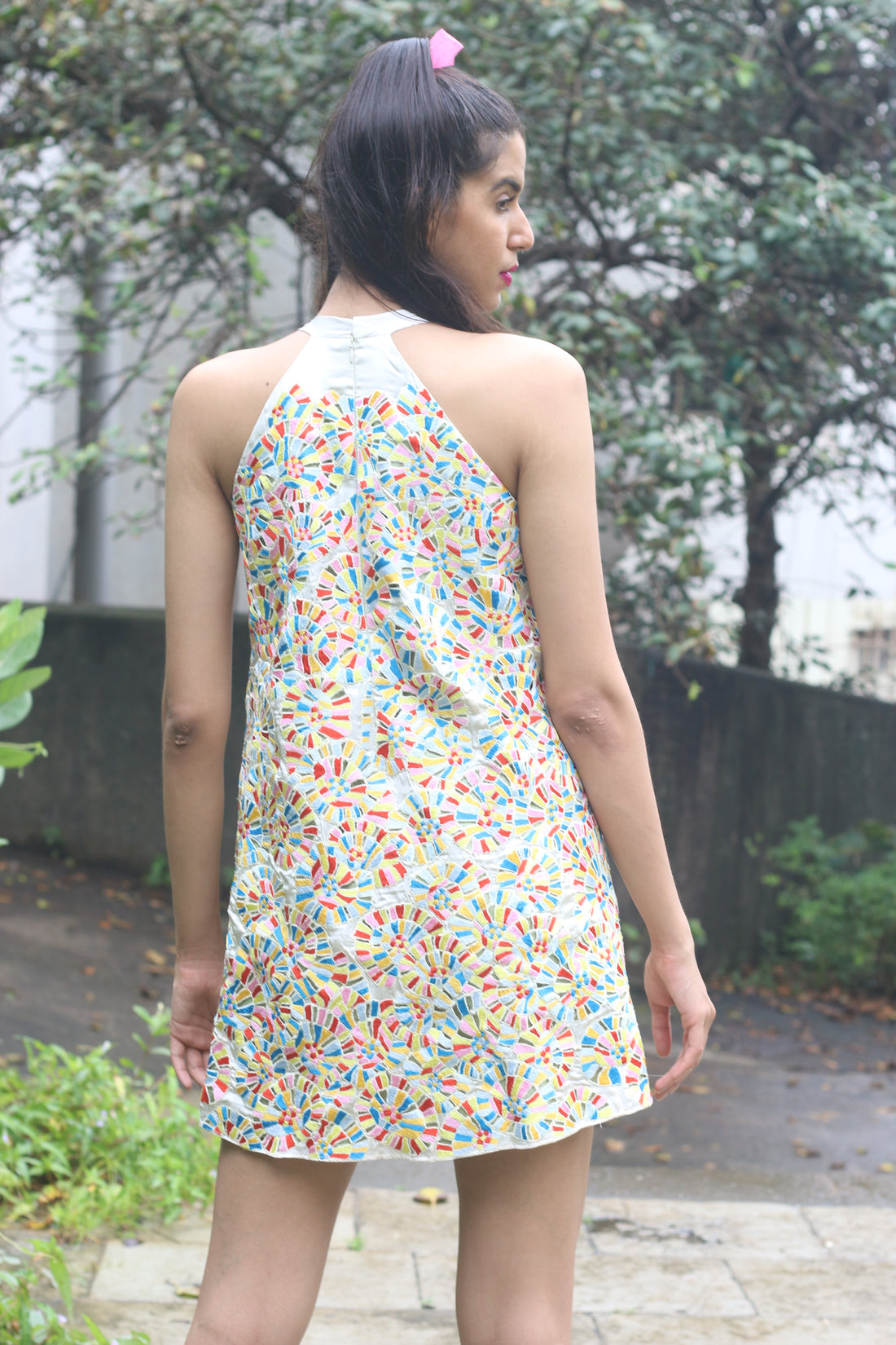 white satin silk floral embroidery dress