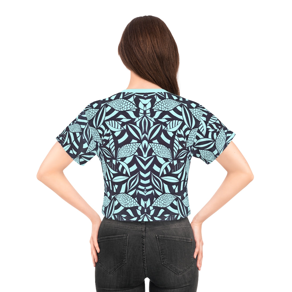 sky blue tropical print crop t-shirt