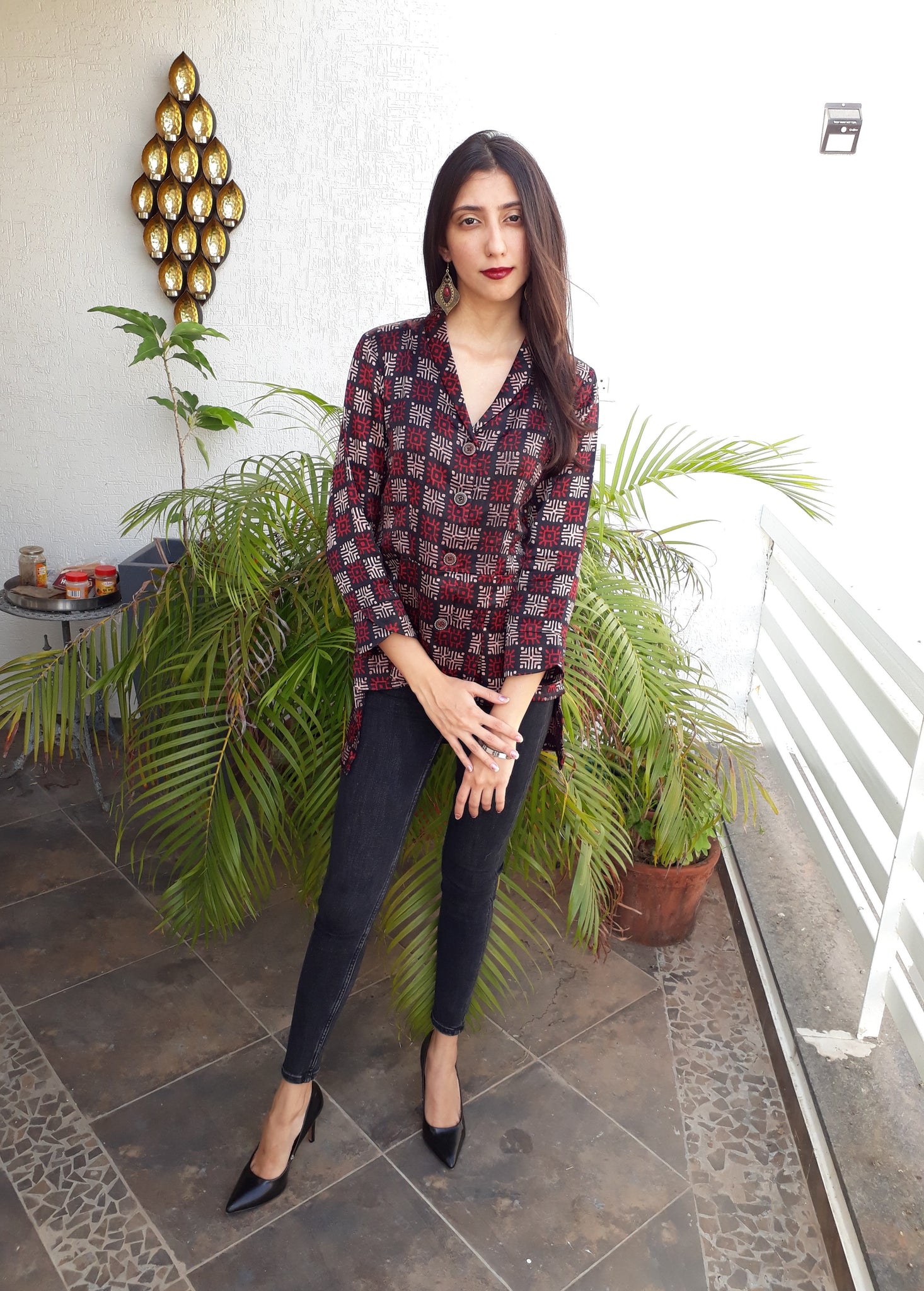 Black block print high low tunic with lapel & button down front
