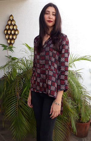 Black block print high low tunic with lapel & button down front