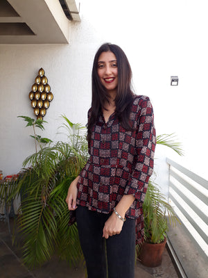 Black block print high low tunic with lapel & button down front