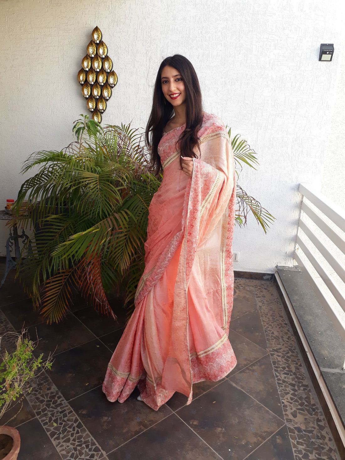 Pink ombre crepe silk saree with hand embroidery border