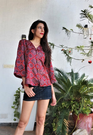 bohemian printed silk shirt in auburn colour