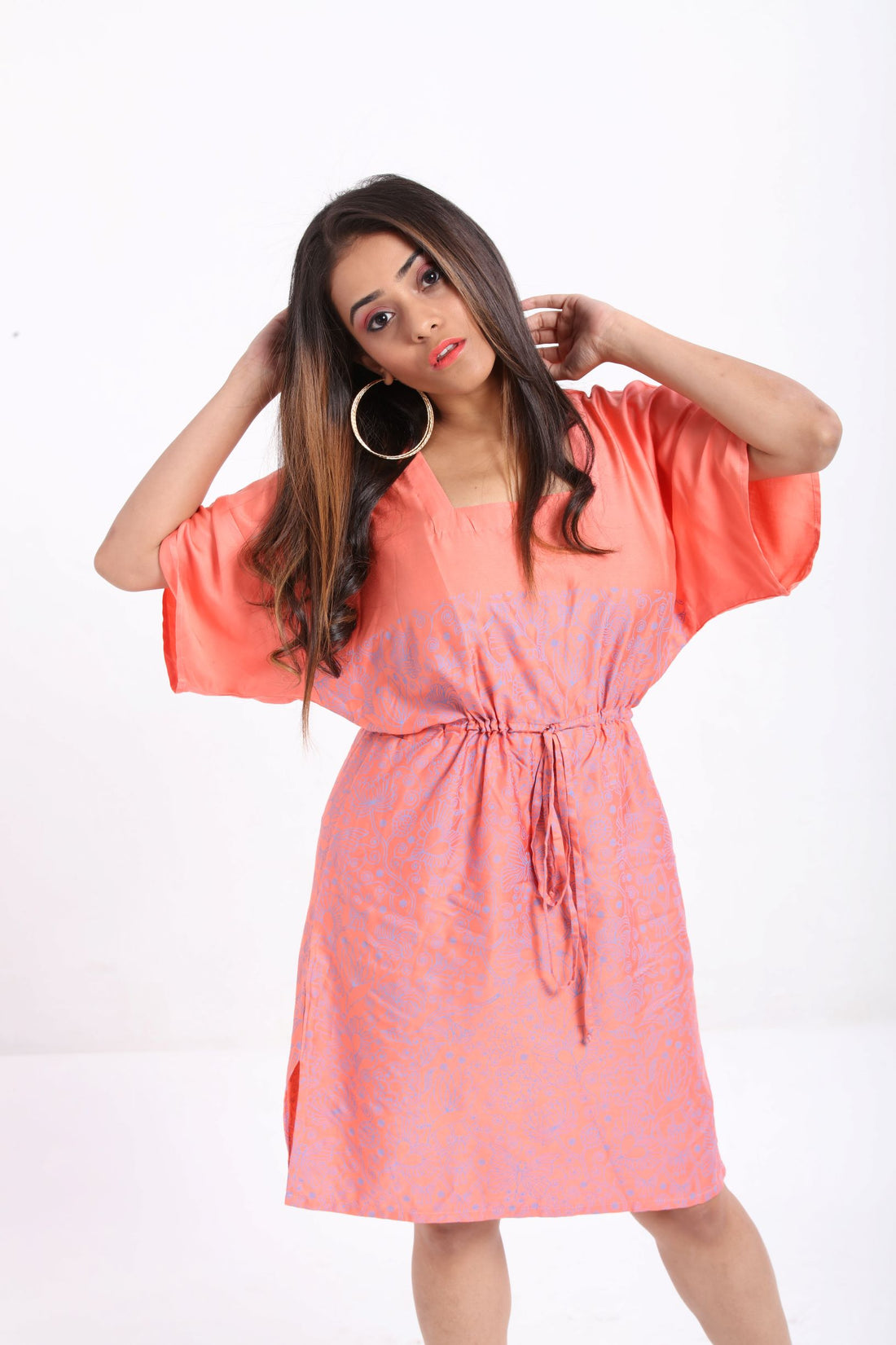 coral screen printed drawstring dress with dolman sleeves